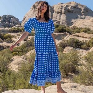 SZ Blockprints Divya Dress in London Blue Plaid | Size Small